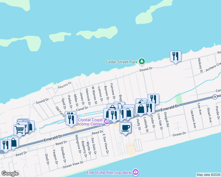 map of restaurants, bars, coffee shops, grocery stores, and more near 311 Fairview Drive in Emerald Isle