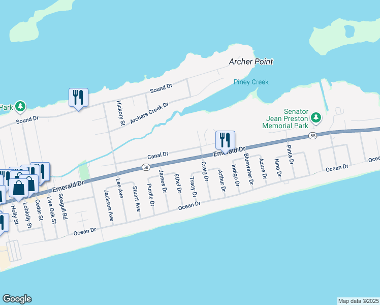 map of restaurants, bars, coffee shops, grocery stores, and more near 7207 Canal Drive in Emerald Isle