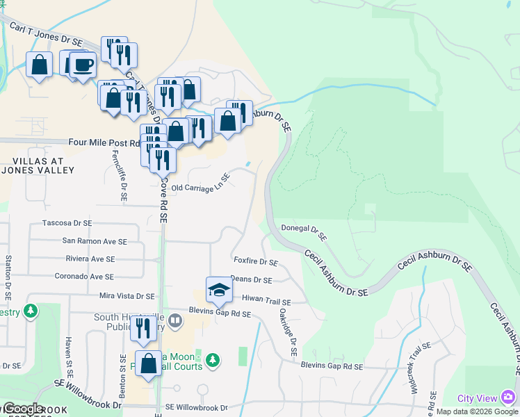 map of restaurants, bars, coffee shops, grocery stores, and more near 7613 Foxfire Drive Southeast in Huntsville