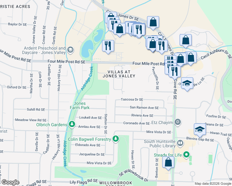 map of restaurants, bars, coffee shops, grocery stores, and more near 923 Tascosa Drive Southeast in Huntsville