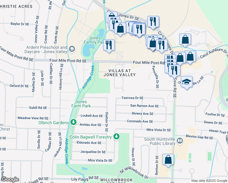 map of restaurants, bars, coffee shops, grocery stores, and more near 7223 Statton Drive Southeast in Huntsville