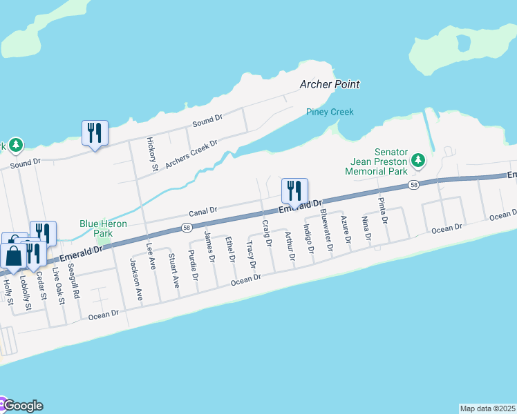 map of restaurants, bars, coffee shops, grocery stores, and more near 7201 Canal Drive in Emerald Isle