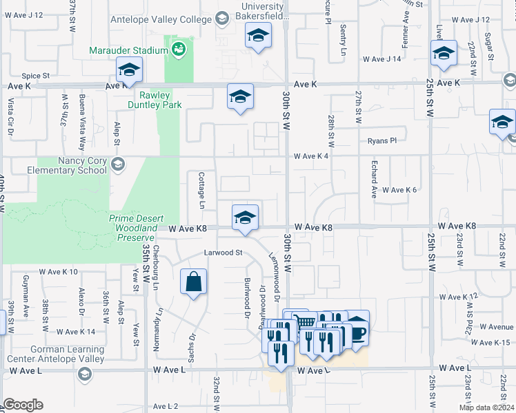 map of restaurants, bars, coffee shops, grocery stores, and more near 43233 Laurelwood Lane in Lancaster