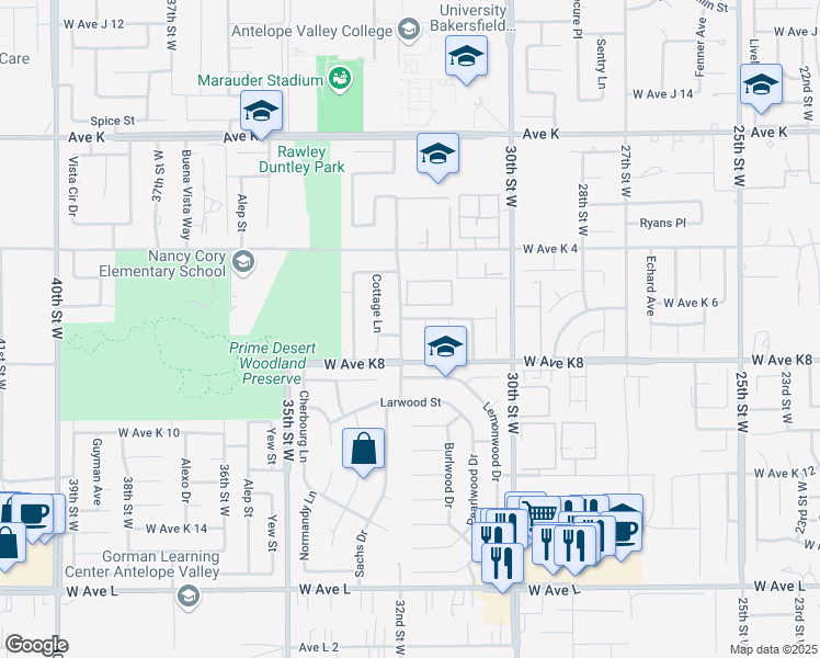 map of restaurants, bars, coffee shops, grocery stores, and more near 43233 Laurelwood Lane in Lancaster