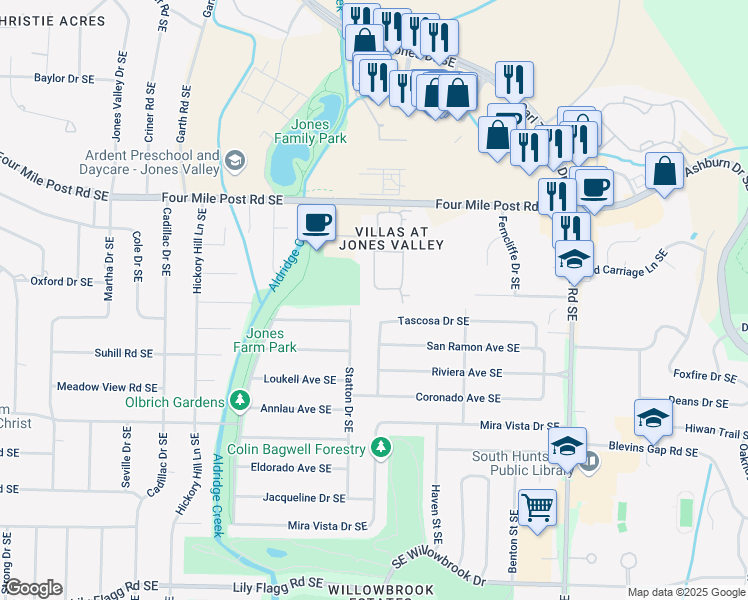 map of restaurants, bars, coffee shops, grocery stores, and more near 7223 Statton Drive Southeast in Huntsville