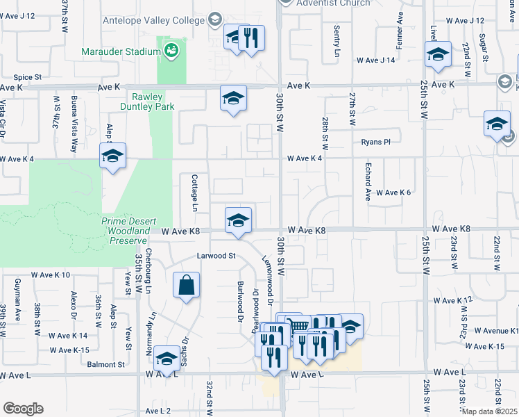 map of restaurants, bars, coffee shops, grocery stores, and more near 43234 Laurelwood Lane in Lancaster