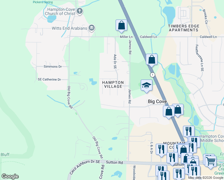 map of restaurants, bars, coffee shops, grocery stores, and more near 3015 Hampstead Drive Southeast in Owens Cross Roads