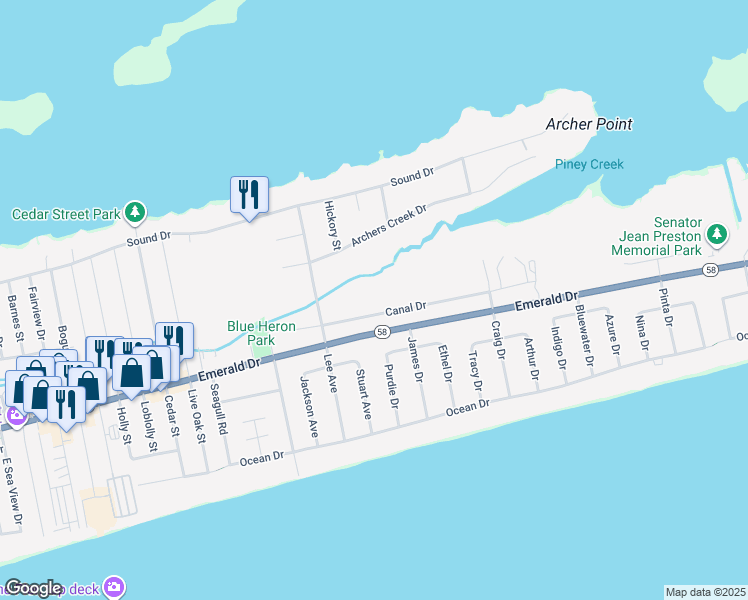 map of restaurants, bars, coffee shops, grocery stores, and more near 7201-7327 Canal Dr in Emerald Isle