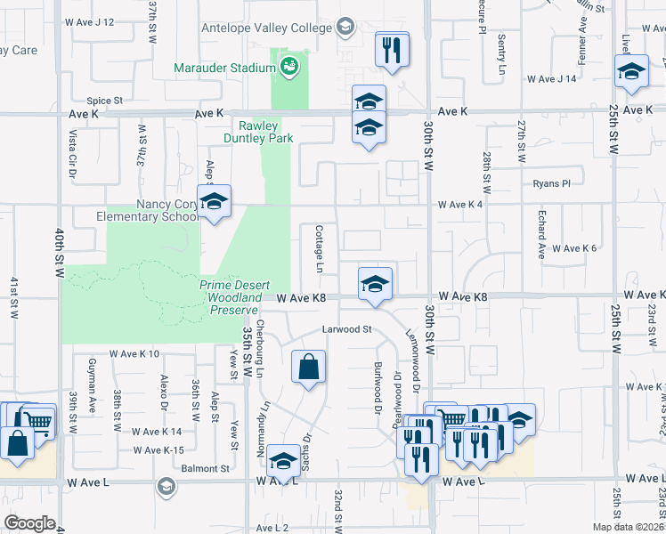 map of restaurants, bars, coffee shops, grocery stores, and more near 43217 32nd Street West in Lancaster