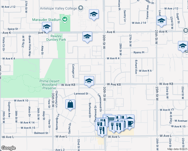 map of restaurants, bars, coffee shops, grocery stores, and more near 3039 Brentwood Avenue in Lancaster