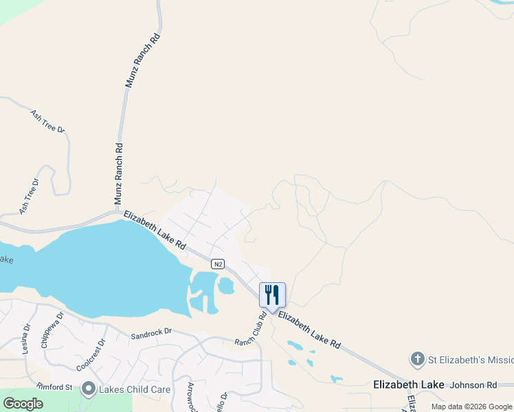 map of restaurants, bars, coffee shops, grocery stores, and more near 43385 Lookabout Road in Elizabeth Lake