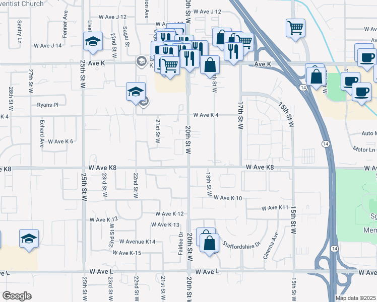 map of restaurants, bars, coffee shops, grocery stores, and more near 43262 20th Street West in Lancaster