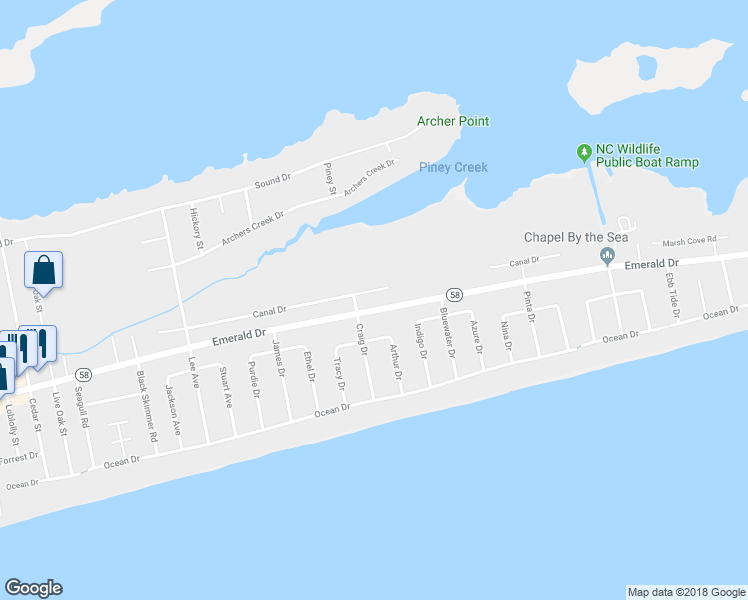 map of restaurants, bars, coffee shops, grocery stores, and more near 7119 Canal Drive in Emerald Isle