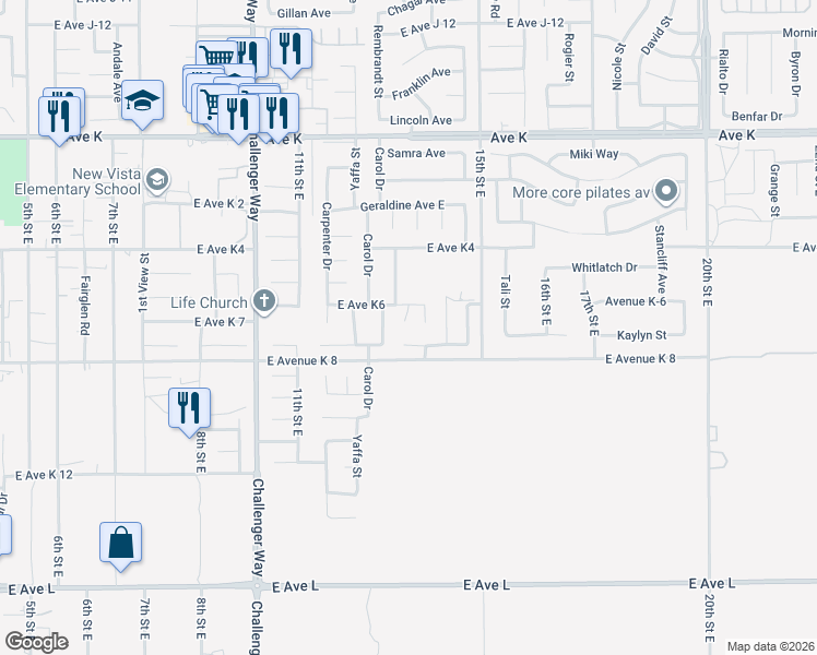 map of restaurants, bars, coffee shops, grocery stores, and more near 43238 Elizabeth Lane in Lancaster