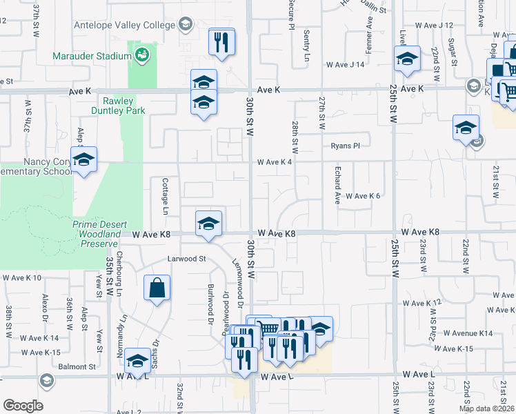 map of restaurants, bars, coffee shops, grocery stores, and more near 43310 30th Street West in Lancaster