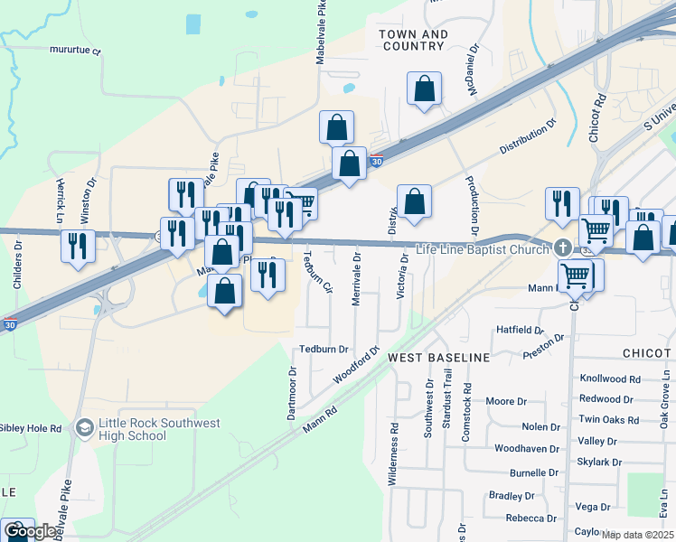 map of restaurants, bars, coffee shops, grocery stores, and more near 8711 Baseline Road in Little Rock