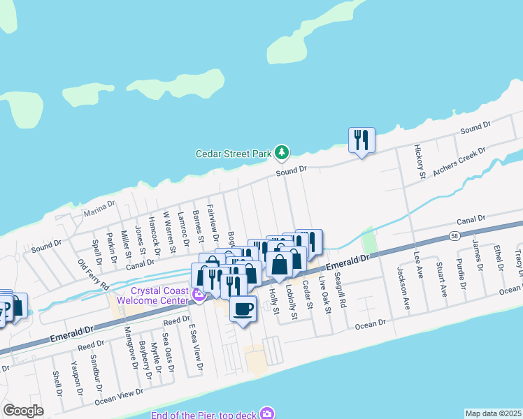 map of restaurants, bars, coffee shops, grocery stores, and more near 428 Holly Street in Emerald Isle