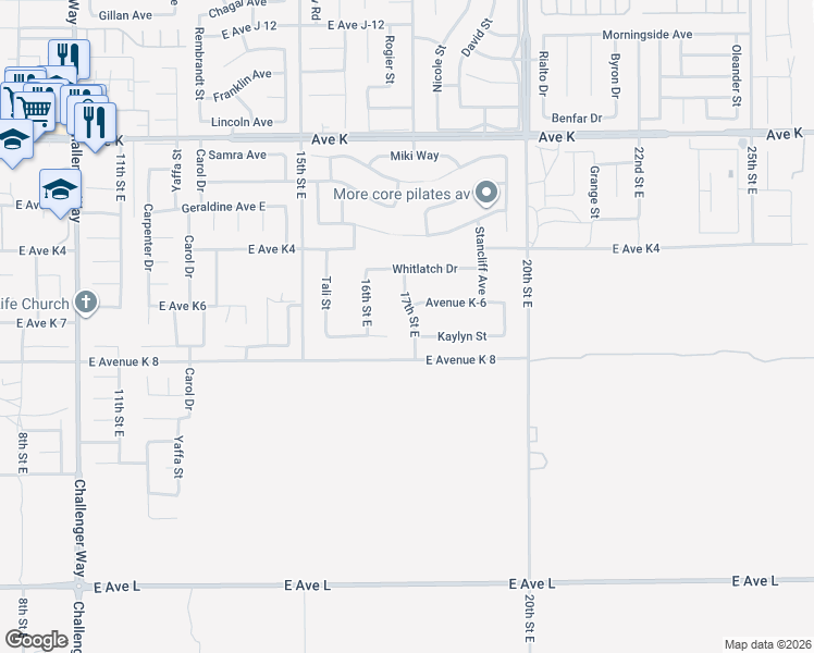 map of restaurants, bars, coffee shops, grocery stores, and more near 43261 17th Street East in Lancaster