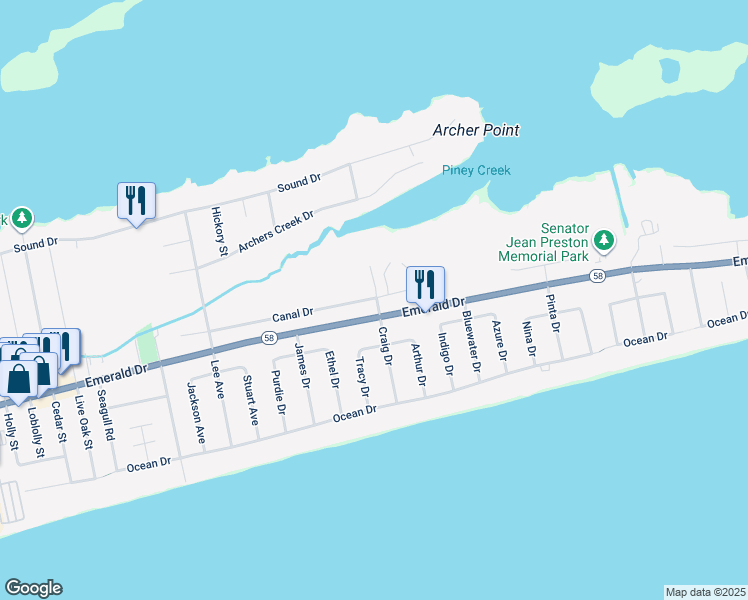 map of restaurants, bars, coffee shops, grocery stores, and more near 7207 Canal Drive in Emerald Isle
