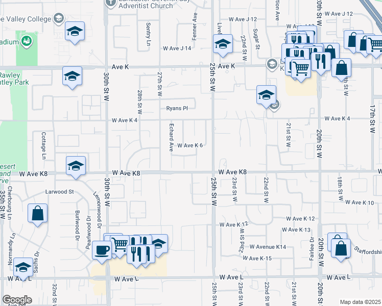 map of restaurants, bars, coffee shops, grocery stores, and more near 2551 West Avenue K-7 in Lancaster