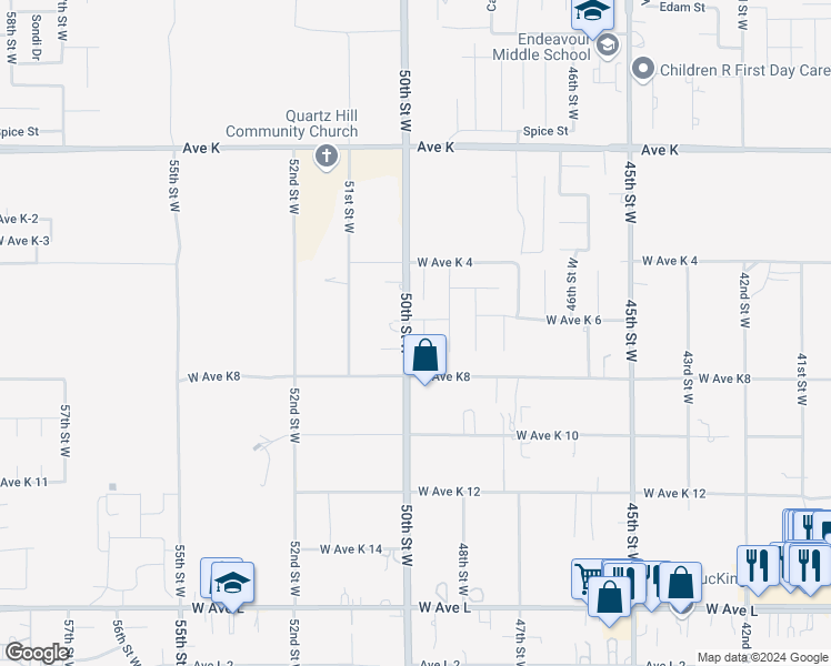 map of restaurants, bars, coffee shops, grocery stores, and more near 43251 Durango Lane in Lancaster