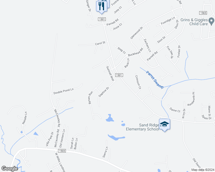 map of restaurants, bars, coffee shops, grocery stores, and more near 110 Daphne Drive in Hubert