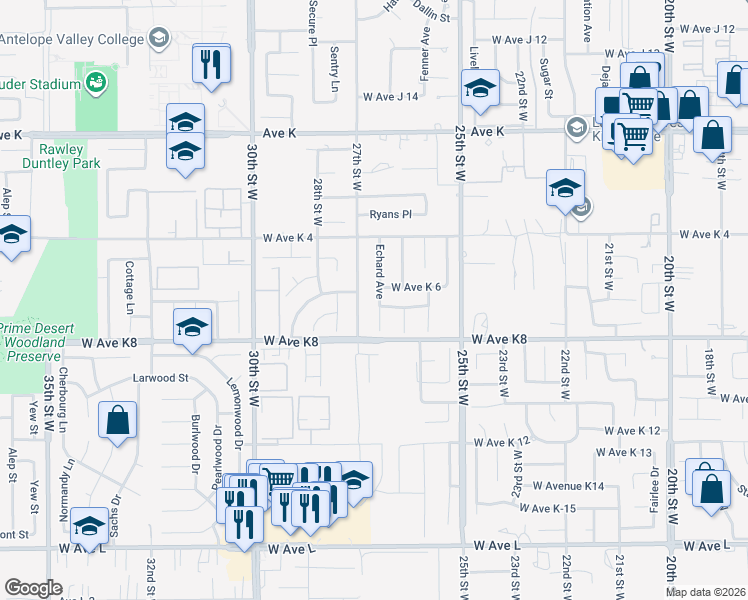 map of restaurants, bars, coffee shops, grocery stores, and more near 43247 Echard Avenue in Lancaster