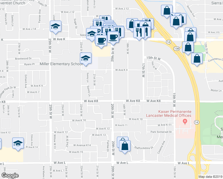 map of restaurants, bars, coffee shops, grocery stores, and more near 43262 20th Street West in Lancaster