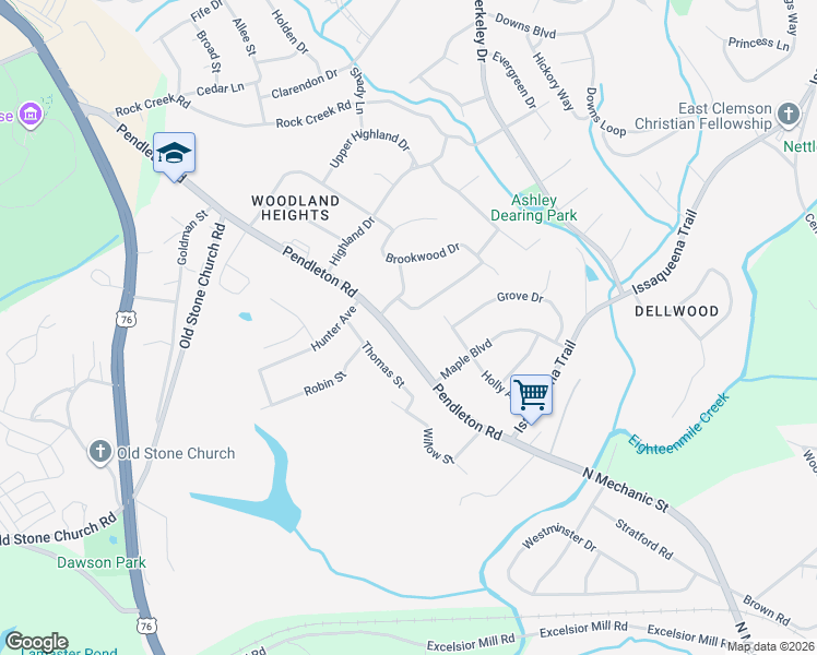 map of restaurants, bars, coffee shops, grocery stores, and more near 103 East Brookwood Drive in Clemson