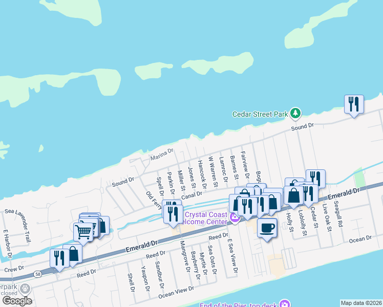 map of restaurants, bars, coffee shops, grocery stores, and more near 8510 Sound Drive in Emerald Isle