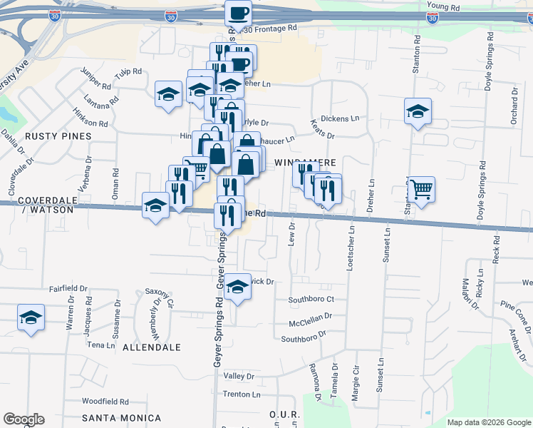 map of restaurants, bars, coffee shops, grocery stores, and more near 5820 Baseline Road in Little Rock