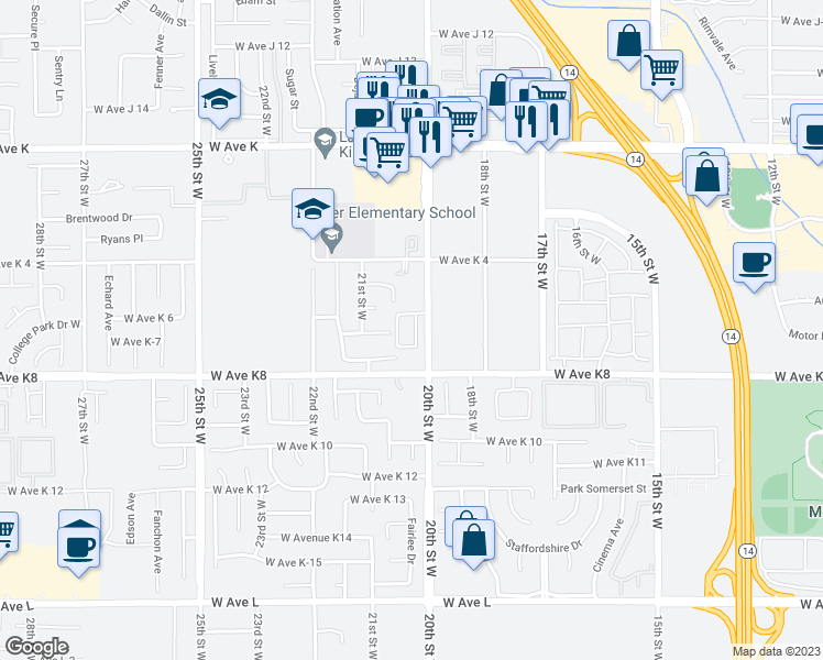 map of restaurants, bars, coffee shops, grocery stores, and more near 43267 20th Street West in Lancaster