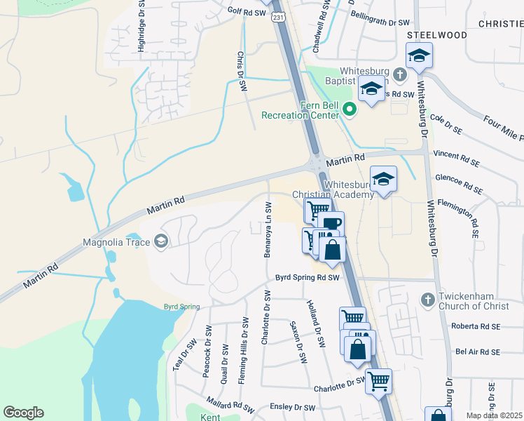 map of restaurants, bars, coffee shops, grocery stores, and more near 8020 Benaroya Lane Southwest in Huntsville