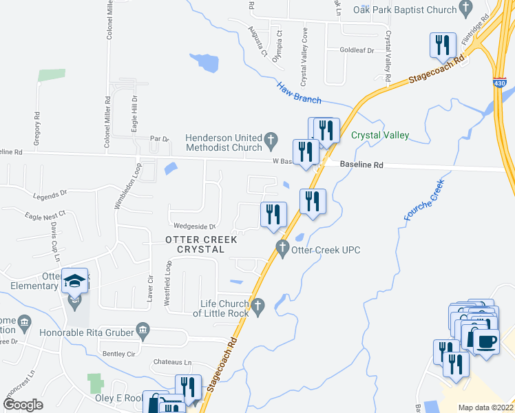 map of restaurants, bars, coffee shops, grocery stores, and more near 204 Stagecoach Village in Little Rock