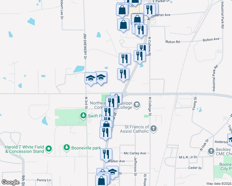 map of restaurants, bars, coffee shops, grocery stores, and more near 300 West George E Allen Drive in Booneville