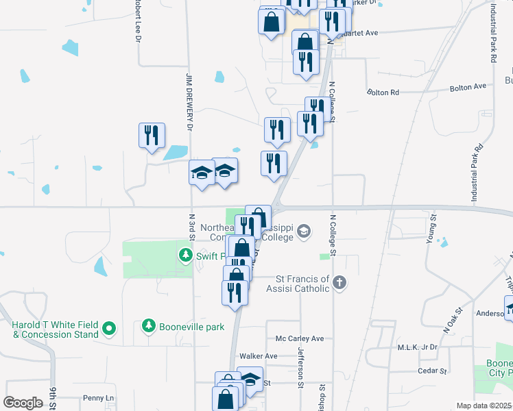 map of restaurants, bars, coffee shops, grocery stores, and more near 302 West George E Allen Drive in Booneville