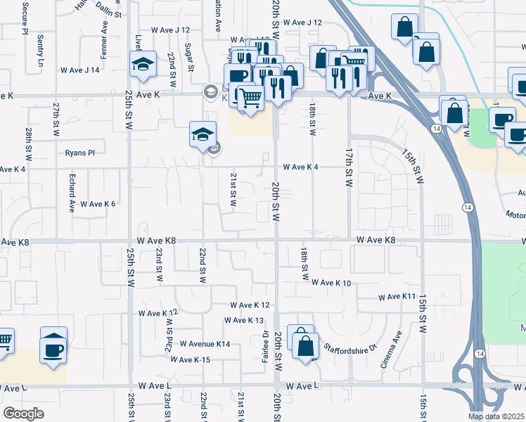 map of restaurants, bars, coffee shops, grocery stores, and more near 2041 Avenue K-7 in Lancaster
