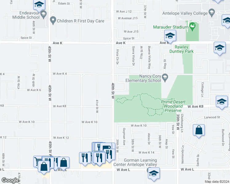 map of restaurants, bars, coffee shops, grocery stores, and more near 3860 West Avenue K 6 in Lancaster