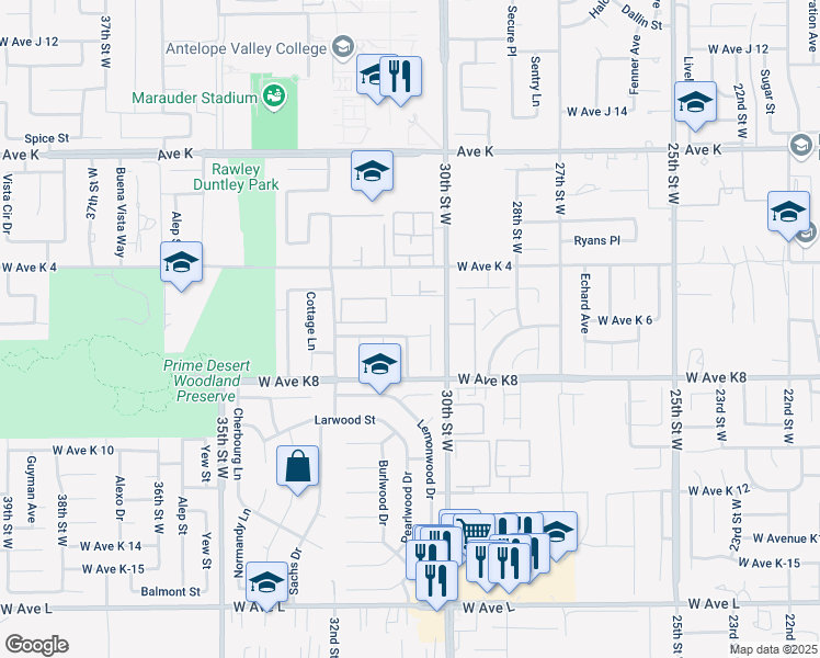 map of restaurants, bars, coffee shops, grocery stores, and more near 3039 Brentwood Avenue in Lancaster