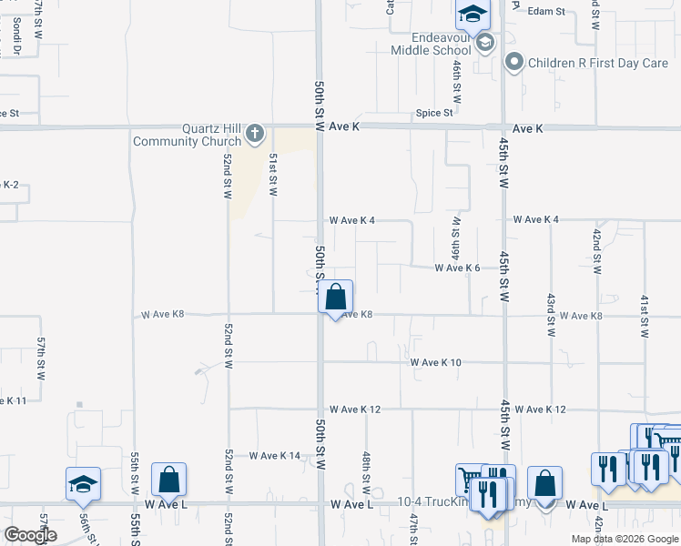 map of restaurants, bars, coffee shops, grocery stores, and more near 43256 Durango Lane in Lancaster