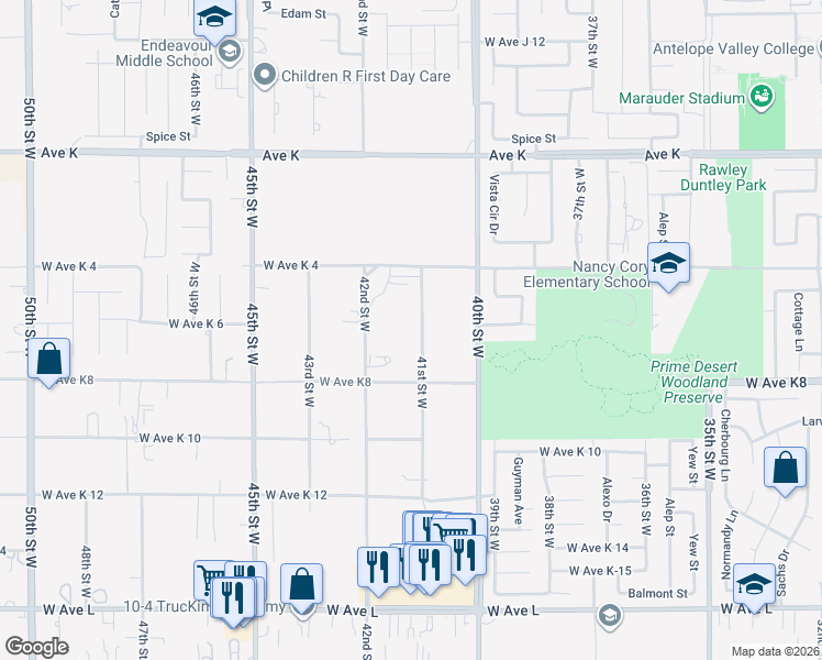 map of restaurants, bars, coffee shops, grocery stores, and more near 43261 41st Street West in Lancaster