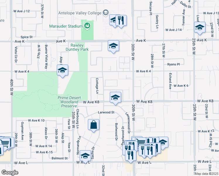 map of restaurants, bars, coffee shops, grocery stores, and more near 3111 Brentwood Avenue in Lancaster