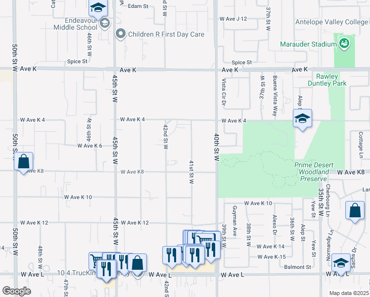 map of restaurants, bars, coffee shops, grocery stores, and more near 43261 41st Street West in Lancaster