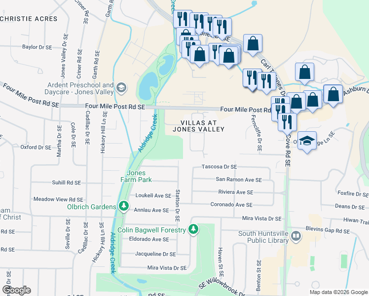 map of restaurants, bars, coffee shops, grocery stores, and more near 48 Valley Way Circle Southeast in Huntsville