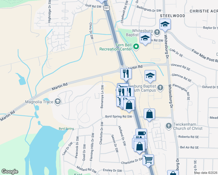 map of restaurants, bars, coffee shops, grocery stores, and more near in Huntsville