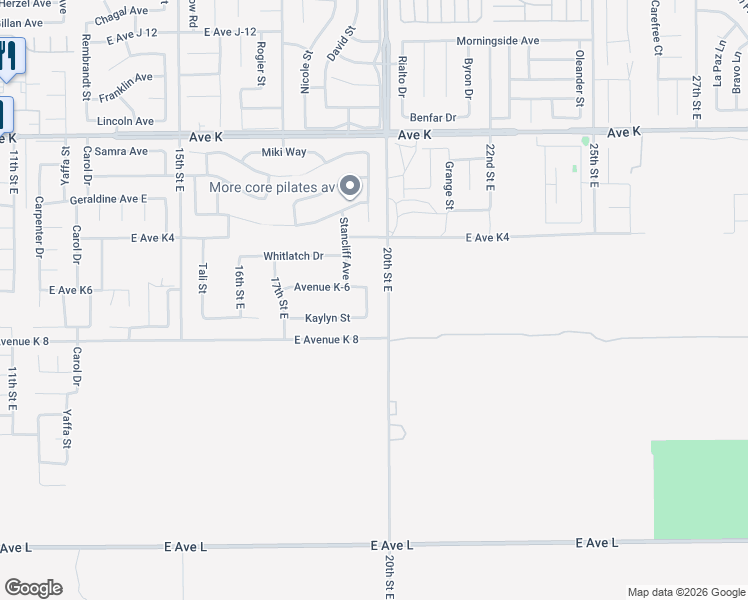 map of restaurants, bars, coffee shops, grocery stores, and more near 43246 Palm Lane in Lancaster