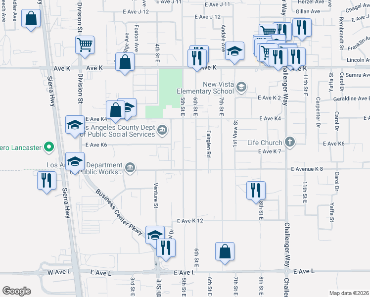 map of restaurants, bars, coffee shops, grocery stores, and more near 43301 6th Street East in Lancaster