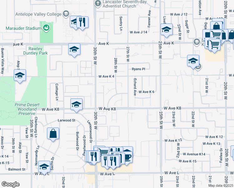 map of restaurants, bars, coffee shops, grocery stores, and more near 28th Street West in Lancaster