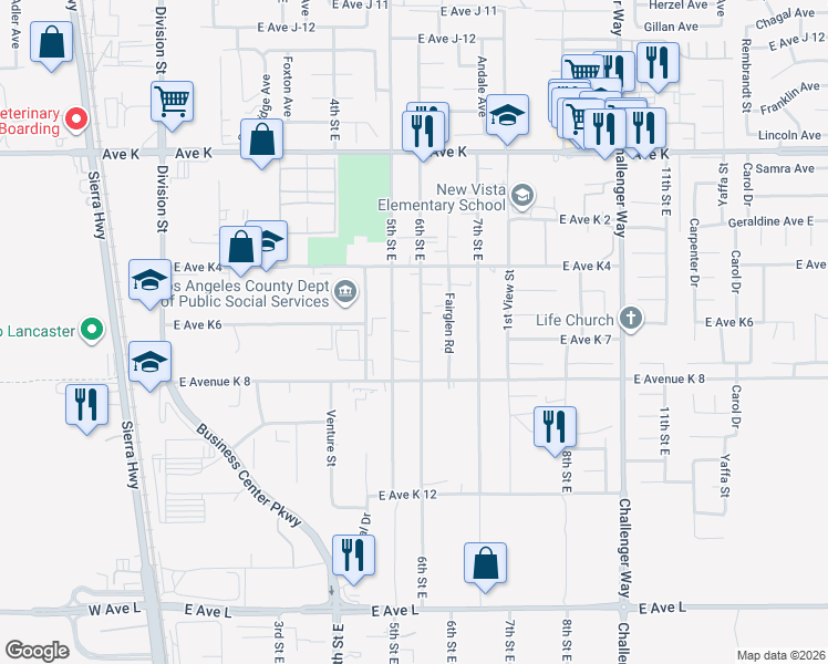 map of restaurants, bars, coffee shops, grocery stores, and more near 43253 6th Street East in Lancaster
