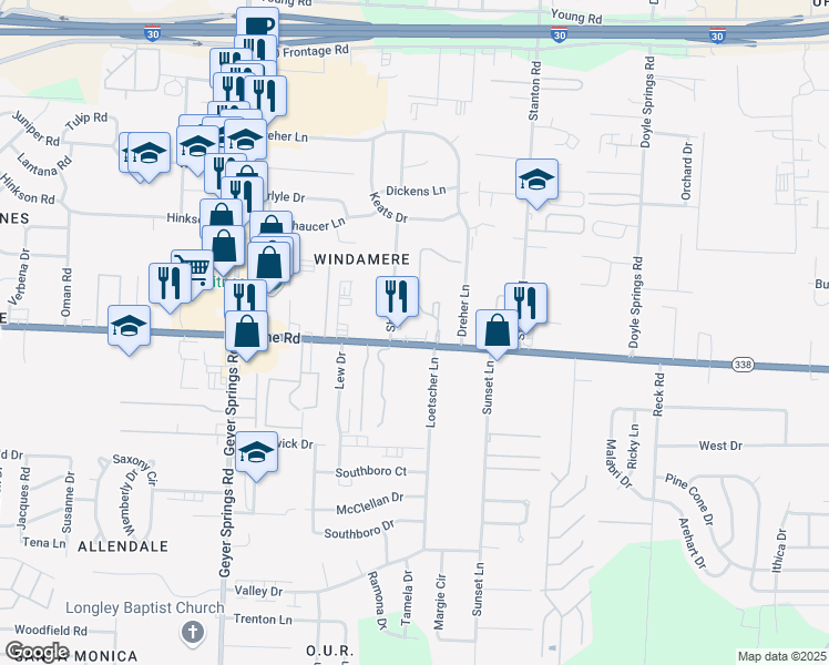 map of restaurants, bars, coffee shops, grocery stores, and more near 5318 Baseline Road in Little Rock